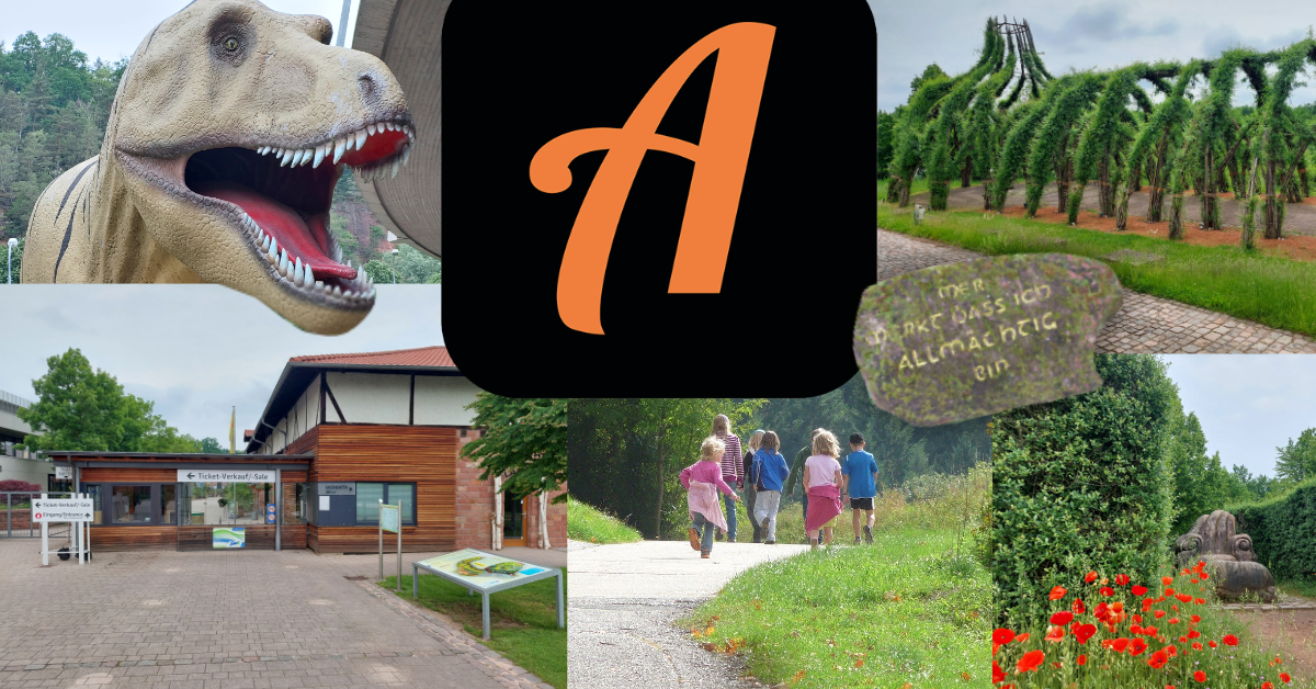 Collage aus Fotos des Eingangs, eines Dinosauriers, der Weidenkirche und weiteren Motiven auf der Gartenschau mit Logo der Actionbound-App