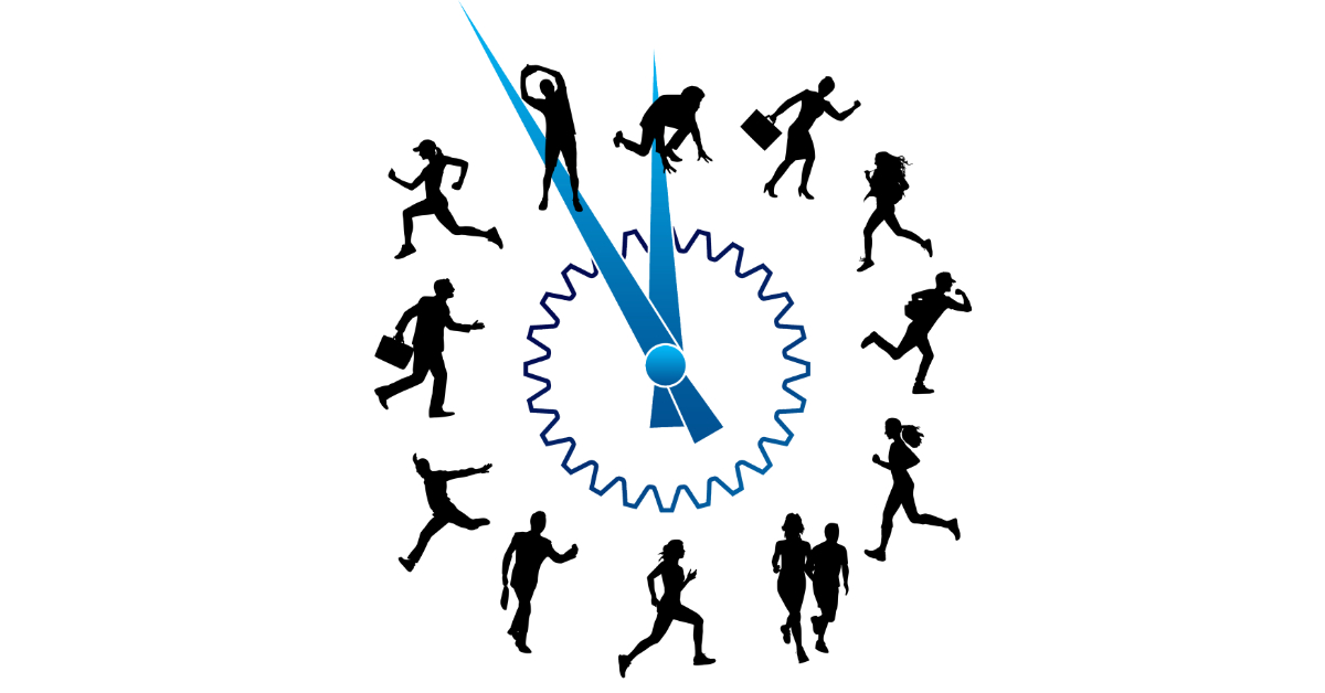 Viele menschliche Silhouetten um eine Uhr angeordnet Viele menschliche Silhouetten um eine Uhr angeordnet