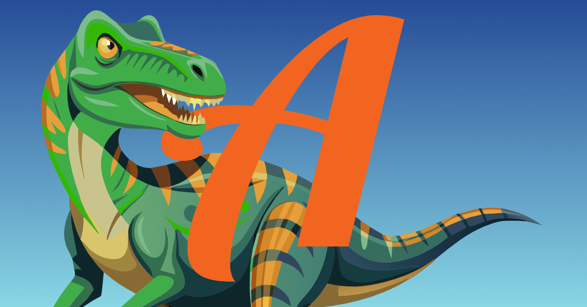 Illustration eines grünen Dinosauriers, der in das A des Actionboundlogos beißen will