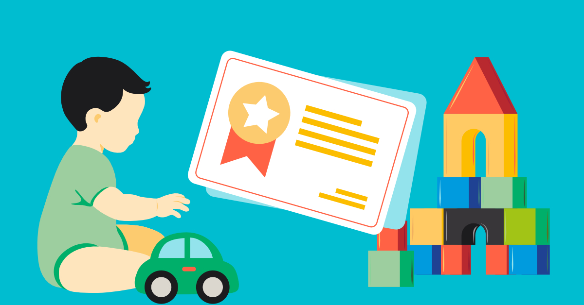 Ilustration mit Zertifikat, Kind im Krabbelalter und Spielsachen Ilustration mit Zertifikat, Kind im Krabbelalter und Spielsachen