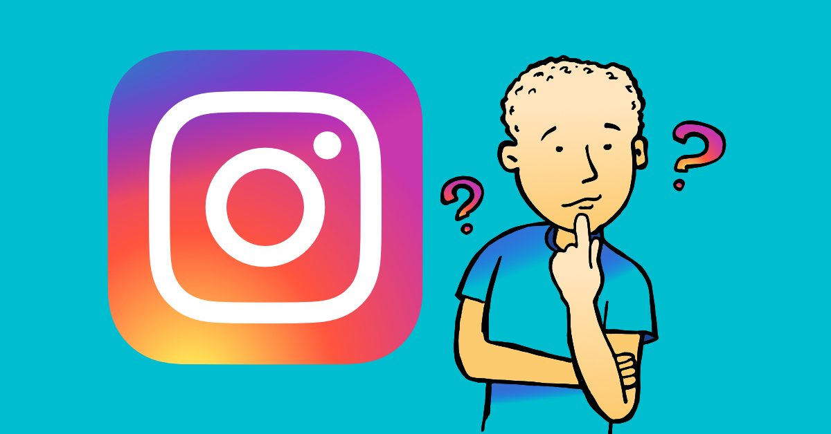 Illustration mit Instagramlogo, einer Person, die nachdenkt und zwei Fragezeichen