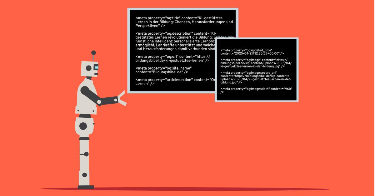 Illustration eines Roboters, der zwei Bildschirme greift, die HTML-Texte zum Thema Bildung beinhalten