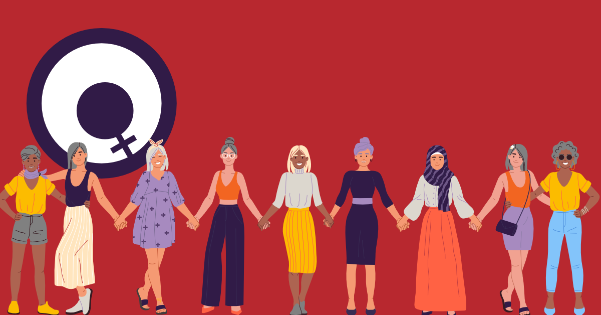 Collage aus Frauenicon und vielen stilisierten Frauen, die sich an den Händen halten