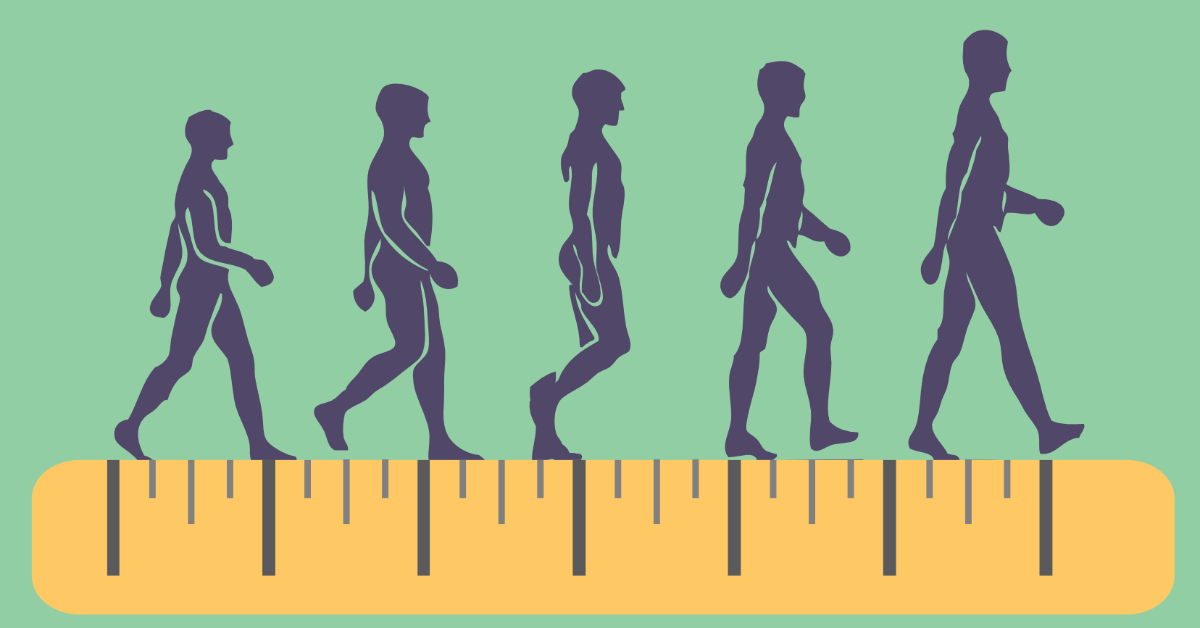 Silhouetten von größer werdenden gehen Personen über Maßband