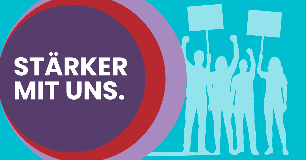 Slogan des DGB für das Jahr 2026 und die Silhouette einer Menschengruppe, die sich für Solidarität in der Arbeitswelt engagiert