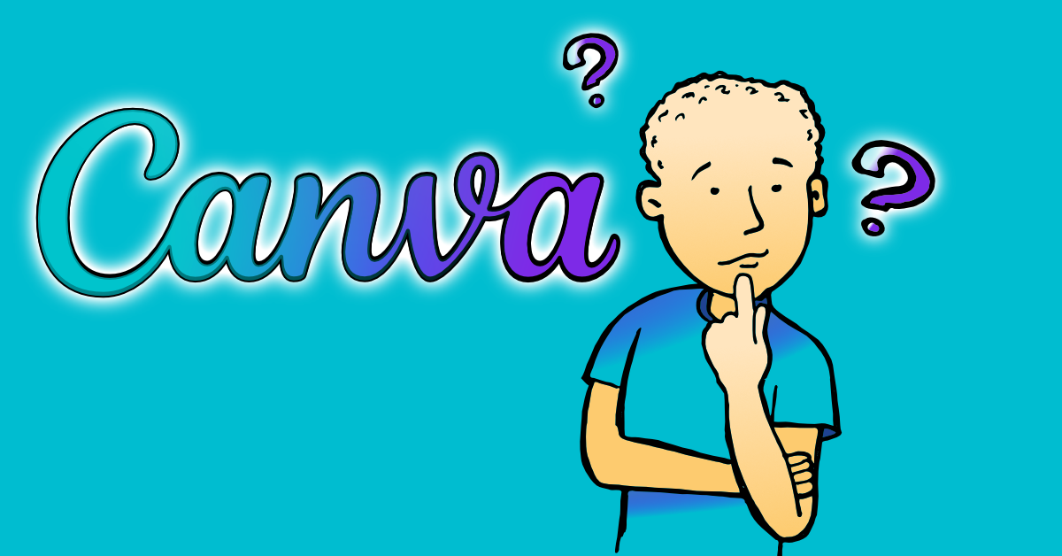 Illustrationaus dem Logo Canva und einer Person, die davor steht und Fragezeichen sieht